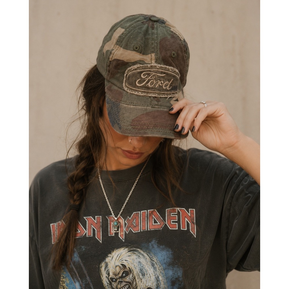Ford Camo Distressed Hat Vintage Workwear Trucker Americana Grunge Cap Sz 7